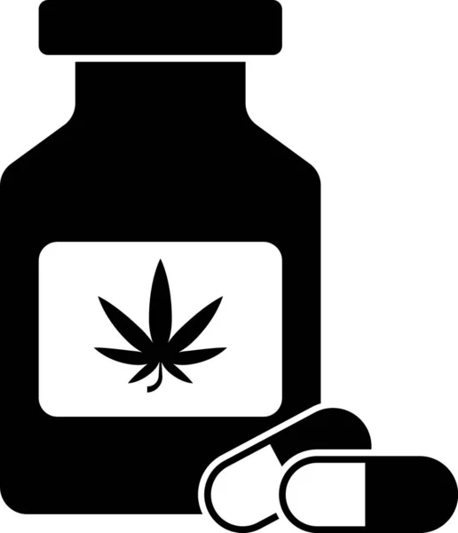 Flacone medico nero con icona di marijuana o foglie di cannabis isolata su sfondo bianco. Falsificazione di estratti di olio di cannabis in barattoli. Illustrazione vettoriale — Vettoriale Stock