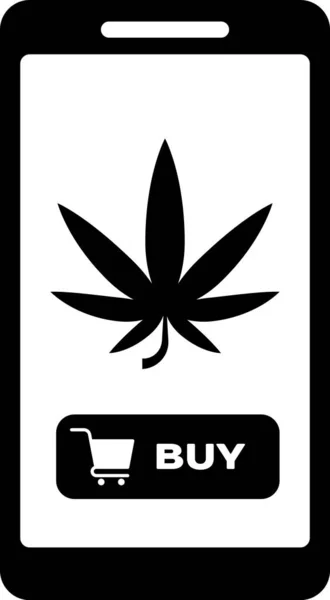 Negro Teléfono móvil y marihuana medicinal o icono de la hoja de cannabis aislado sobre fondo blanco. Símbolo de compra online. Cesta del supermercado. Ilustración vectorial — Archivo Imágenes Vectoriales