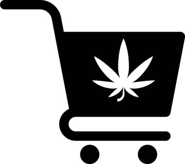 Beyaz arka planda izole marihuana veya esrar yaprağı simgesi ile Siyah Alışveriş sepeti. Online satın alma. Teslimat hizmeti. Süpermarket sepeti. Vektör İllüstrasyonu