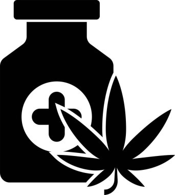Esrar ya da kenevir yaprağı ikonu beyaz arka planda izole edilmiş siyah tıbbi şişe. Kavanozlardaki kenevir yağı özlerini taklit et. Vektör İllüstrasyonu