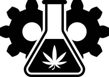 Beyaz arka planda izole marihuana veya kenevir yaprağı simgesi ile Siyah Kimyasal test tüpü. Araştırma konsepti. Laboratuvar Cbd yağ konsepti. Vektör İllüstrasyonu