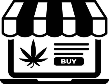 Siyah dizüstü bilgisayar ve tıbbi marihuana ya da kenevir yaprağı ikonu beyaz arka planda izole edilmiş. İnternetten satın alma sembolü. Süpermarket sepeti. Vektör İllüstrasyonu