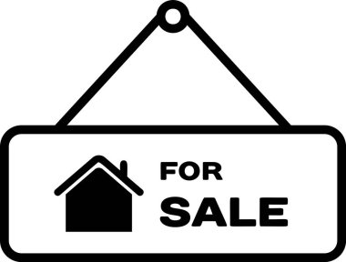 Beyaz arka planda yalıtılmış satılık simgesi ile siyah asılı işareti. Satılık metin li tabela. Vektör İllüstrasyonu