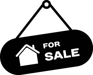 Beyaz arka planda yalıtılmış satılık simgesi ile siyah asılı işareti. Satılık metin li tabela. Vektör İllüstrasyonu