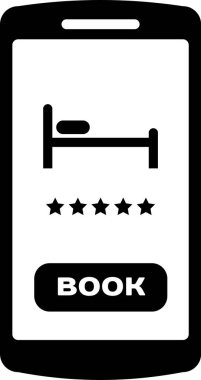 Siyah Online otel rezervasyon simgesi beyaz arka plan üzerinde izole. Cep telefonu için online rezervasyon tasarım konsepti. Vektör İllüstrasyonu