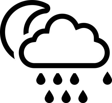 Beyaz arka planda izole edilmiş yağmur ve ay simgesine sahip Kara Bulut. Yağmur damlaları ile yağmur bulutu yağış. Vektör İllüstrasyonu