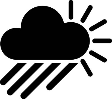 Siyah bulutlu, yağmurlu ve beyaz arka planda izole edilmiş güneş ikonu. Yağmur damlaları ile yağmur bulutu yağışı. Vektör İllüstrasyonu