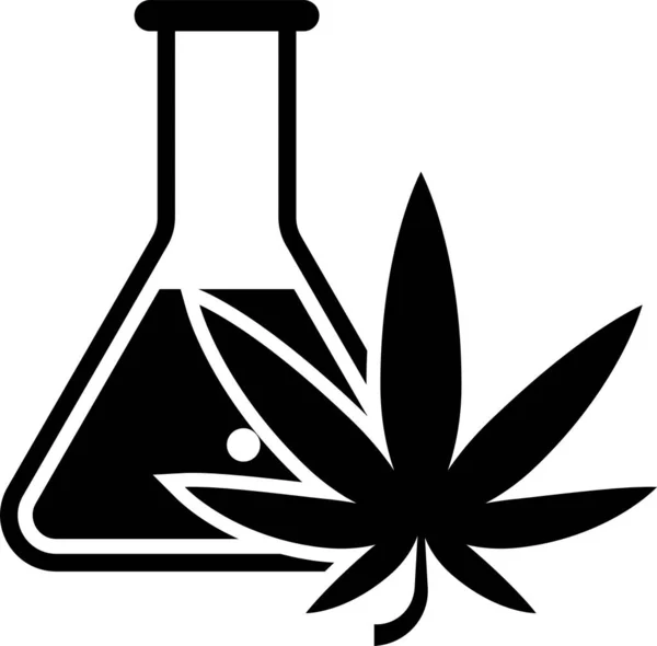 白い背景に隔離されたマリファナや大麻の葉のアイコンを持つ黒い化学試験管。研究コンセプト。実験室Cbdオイルコンセプト。ベクトルイラストレーション — ストックベクタ