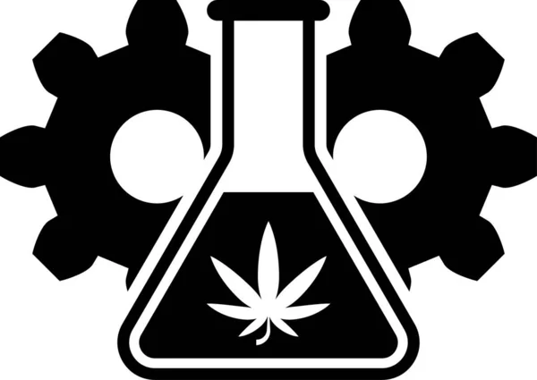 Tubo de ensayo de Black Chemical con marihuana o icono de hoja de cannabis aislado sobre fondo blanco. Concepto de investigación. Concepto de aceite de CBD de laboratorio. Ilustración vectorial — Vector de stock