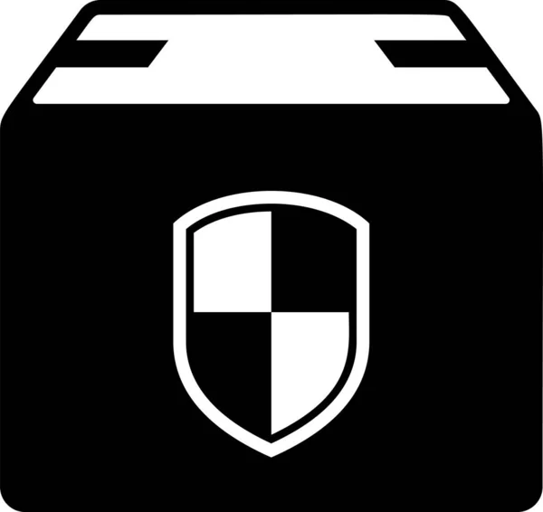 Zwarte Delivery Pack beveiligings symbool met schildpictogram geïsoleerd op witte achtergrond. Leverings verzekering. Verzekerde kartonnen dozen buiten het schild. Vector illustratie — Stockvector