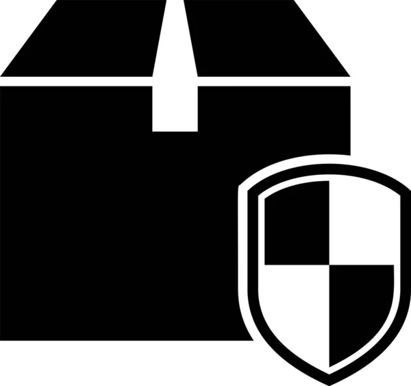 Pacote de entrega preto símbolo de segurança com ícone de escudo isolado no fundo branco. Seguro de entrega. Caixas de papelão segurado além do escudo. Ilustração vetorial —  Vetores de Stock