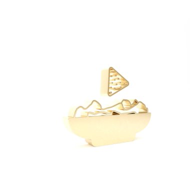 Tabak ikonundaki altın cipsler beyaz arka planda izole edilmiş. Tortilla cipsi veya nachos tortilla. Geleneksel Meksika fast food 'u. 3d illüstrasyon 3d canlandırma