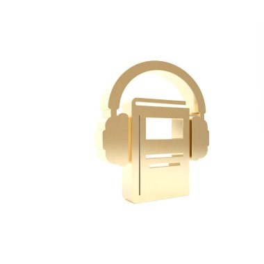 Altın Ses kitabı simgesi beyaz arkaplanda izole edildi. Kulaklıklı kitap. Ses rehberi işareti. Çevrimiçi öğrenme kavramı. 3d illüstrasyon 3d canlandırma