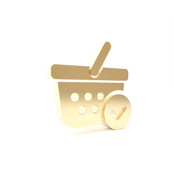 Złoty koszyk zakupów z ikoną znaku czekowego na białym tle. Kosz supermarketów z zatwierdzonym, potwierdzonym, zaznaczonym, zakończonym symbolem. Ilustracja 3d — Zdjęcie stockowe