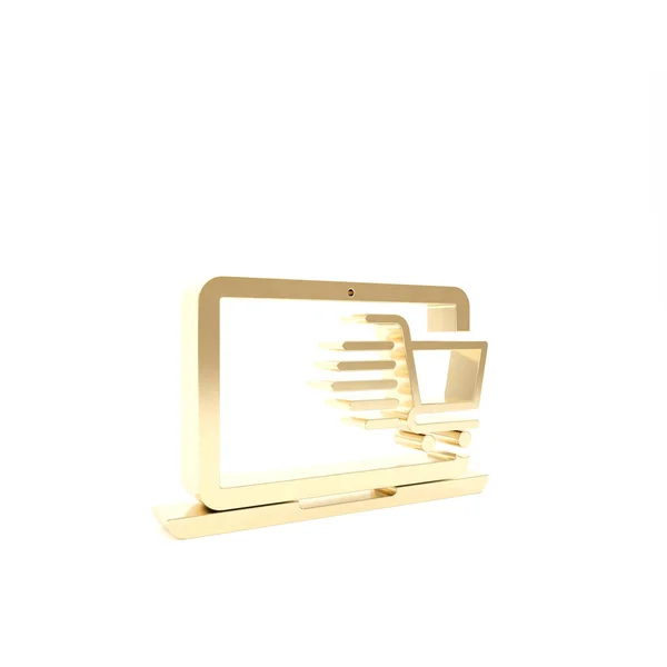 Gold Panier d'achat sur écran icône ordinateur portable isolé sur fond blanc. Concept e-commerce, e-business, marketing d'affaires en ligne. Illustration 3D rendu 3D — Photo
