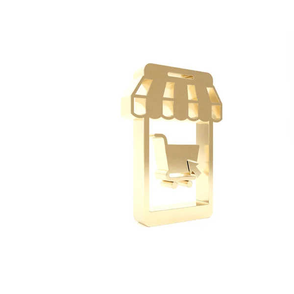 Oro Teléfono móvil y carrito de compras con icono de toldo a rayas aislado sobre fondo blanco. Símbolo de compra online. Símbolo de cesta de supermercado. 3D ilustración 3D render — Foto de Stock