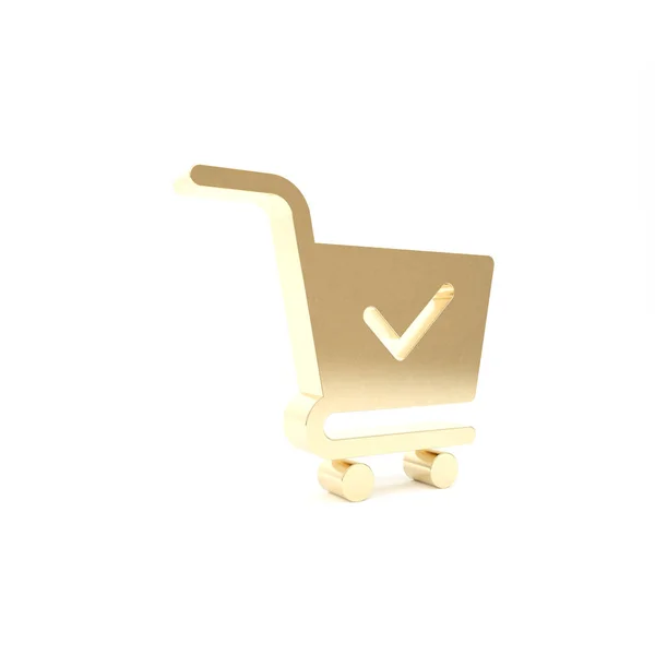 Gold Shopping cart with check mark icon isolated on white fone. Корзина супермаркета с утвержденным, подтвердить, сделать, клещ, завершенный символ. 3D-рендеринг — стоковое фото