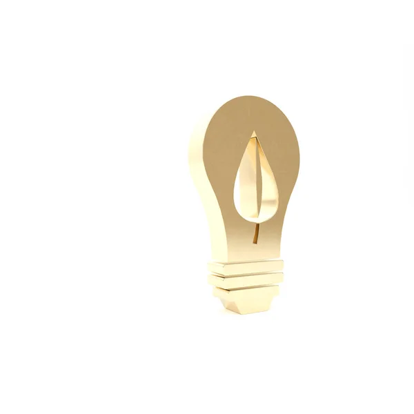 白い背景に葉のアイコンが隔離された金の電球。エコエネルギーの概念。代替エネルギーの概念。3Dイラスト3Dレンダリング — ストック写真