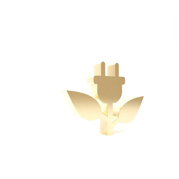 Gold Electric saving plug in leaf icon isolated on white background. Save energy electricity icon. Environmental protection icon. Bio energy. 3d illustration 3D render