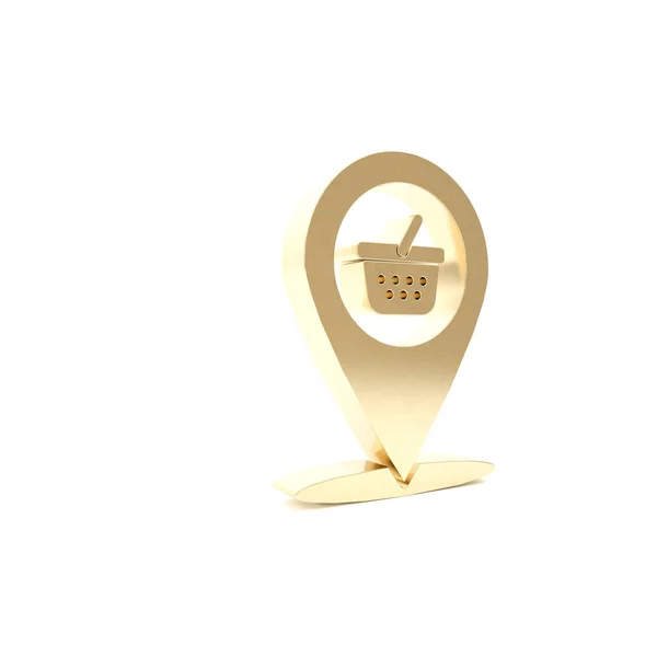 Pointeur Gold Map avec icône panier isolé sur fond blanc. Pin Point Shop et shopping. Symbole de panier de supermarché. Illustration 3D rendu 3D — Photo