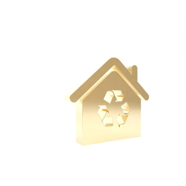 Gold Eco House com ícone de símbolo de reciclagem isolado no fundo branco. Casa de ecologia com setas reciclar. 3D ilustração 3D render — Fotografia de Stock