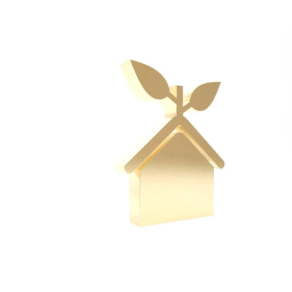 Icono de la casa Eco de oro aislado sobre fondo blanco. Eco casa con hoja. 3D ilustración 3D render —  Fotos de Stock