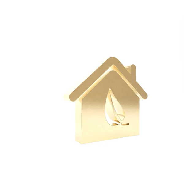 Icono de la casa Eco de oro aislado sobre fondo blanco. Eco casa con hoja. 3D ilustración 3D render — Foto de Stock