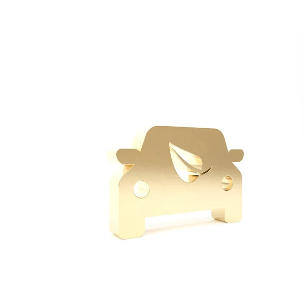 Gold Eco auto concept drive met blad pictogram geïsoleerd op witte achtergrond. Groene energie auto symbool. 3d illustratie 3d renderen — Stockfoto