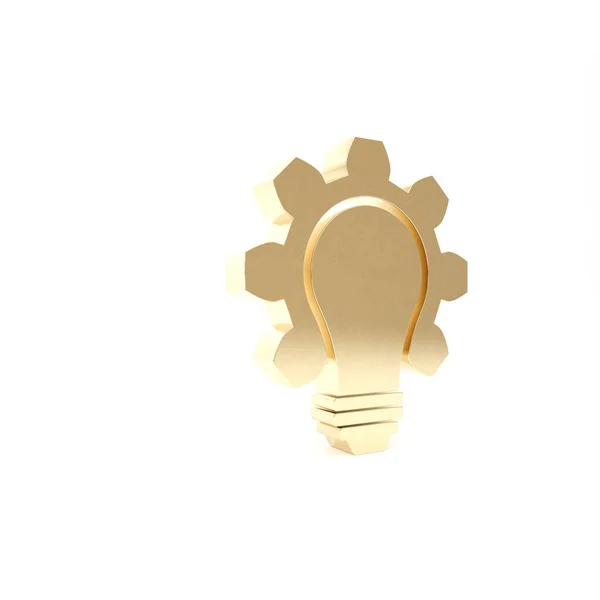 Ampoule dorée et icône d'engrenage isolée sur fond blanc. Concept d'innovation. Une idée commerciale. Illustration 3D rendu 3D — Photo