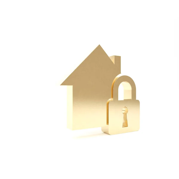 Złoty Dom pod ikoną ochrony izolowany na białym tle. Dom i zamek. Ochrona, bezpieczeństwo, ochrona, ochrona, koncepcja obrony. Ilustracja 3D 3D renderowania — Zdjęcie stockowe
