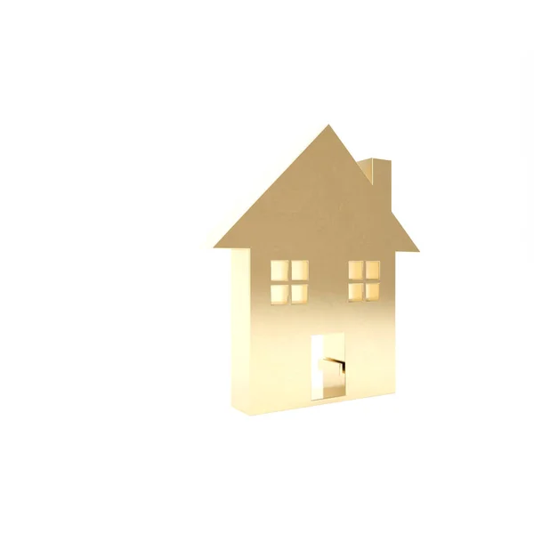 Gold House ikon elszigetelt fehér háttérrel. Otthon szimbólum. 3d illusztráció 3D render — Stock Fotó