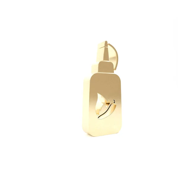 Gold Ketchup Flasche Symbol isoliert auf weißem Hintergrund. Feuerflammensymbol. scharfe Chilischote Zeichen. Grill und Grill-Symbol. 3D Illustration 3D Renderer — Stockfoto