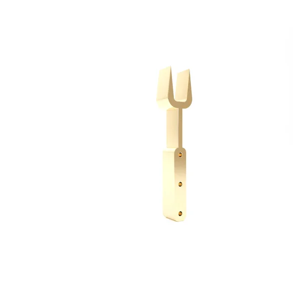 Icono de tenedor de barbacoa dorado aislado sobre fondo blanco. Cartel de tenedor para barbacoa. Barbacoa y parrilla. 3D ilustración 3D render — Foto de Stock