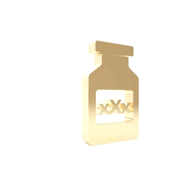 Gold Medicine fles met pillen voor potentie, afrodisiacum pictogram geïsoleerd op witte achtergrond. Sekspillen voor mannen en vrouwen. 3d illustratie 3d renderen — Stockfoto