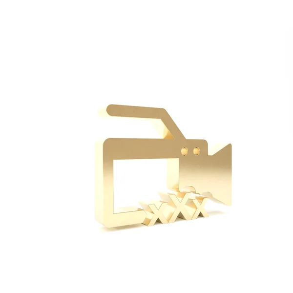Gold Video camera met inscriptie Xxx pictogram geïsoleerd op witte achtergrond. Leeftijdsbeperking symbool. 18 plus inhoud teken. Volwassen kanaal. 3d illustratie 3d renderen — Stockfoto