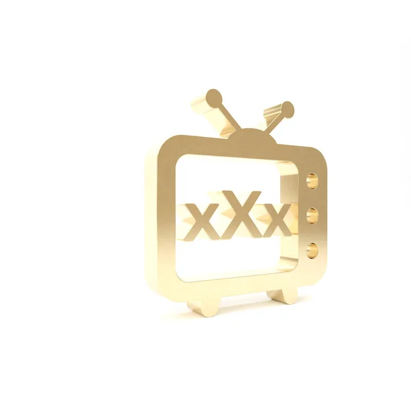 Золотая телевизионная старая телевизионная икона на белом фоне. Символ возрастных ограничений. 18 плюс знак содержания. Канал для взрослых. 3D-рендеринг — стоковое фото