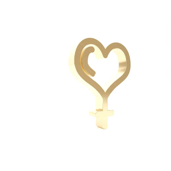Oro Símbolo de género femenino e icono del corazón aislado sobre fondo blanco. Símbolo Venus. El símbolo de un organismo femenino o una mujer. 3D ilustración 3D render — Foto de Stock