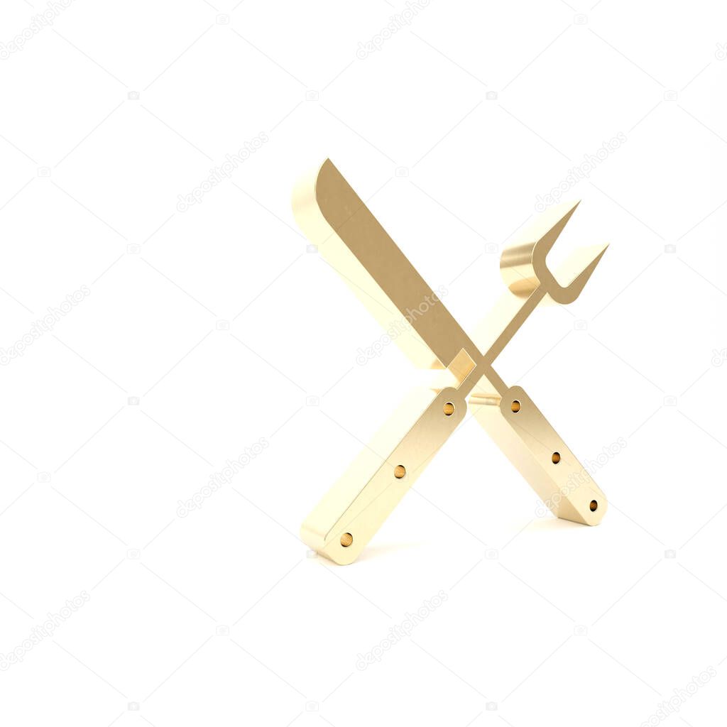 Gold Crossed fork and knife icon isolated on white background. BBQ fork and knife sign. Barbecue and grill tools. 3d illustration 3D render