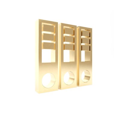 Kağıtları ve evrakları olan altın ofis dosyaları beyaz arkaplanda izole edilmiş. Ofis dosyaları. Dosya arşivleme işareti. 3d illüstrasyon 3d canlandırma