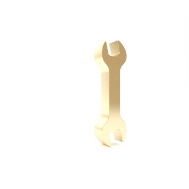 Altın İngiliz anahtarı simgesi beyaz arkaplanda izole edildi. Anahtar tamir aleti. Servis aracı sembolü. 3d illüstrasyon 3d canlandırma