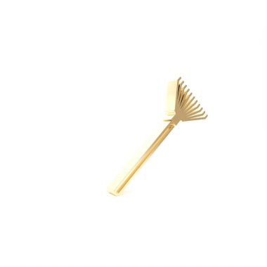 Beyaz arkaplanda izole edilmiş yapraklar için altın bahçe tırmığı. Bahçecilik, tarım, çiftçilik aleti. Toprak işçisi. 3d illüstrasyon 3d canlandırma