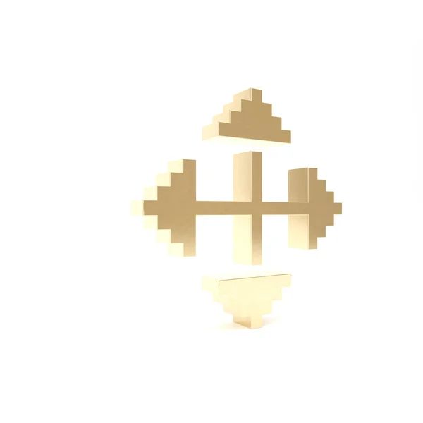 Złote strzałki Pixel w czterech kierunkach ikona izolowane na białym tle. Znak ruchu kursora. Ilustracja 3d — Zdjęcie stockowe