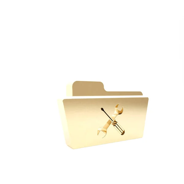 Pasta de ouro com chave de fenda e ícone de chave de fenda isolado no fundo branco. Ajuste, serviço, configuração, manutenção, reparação, fixação. 3D ilustração 3D render — Fotografia de Stock