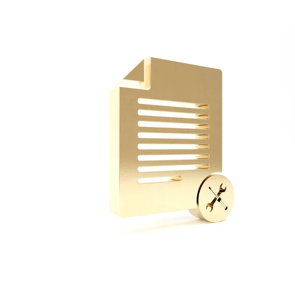 Documento de arquivo dourado com chave de fenda e ícone de chave de fenda isolado no fundo branco. Ajuste, serviço, configuração, manutenção, reparação, fixação. 3D ilustração 3D render — Fotografia de Stock