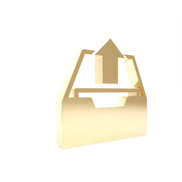 Ícone de caixa de entrada de carregamento de ouro isolado no fundo branco. Extraia arquivos do arquivo. 3D ilustração 3D render — Fotografia de Stock
