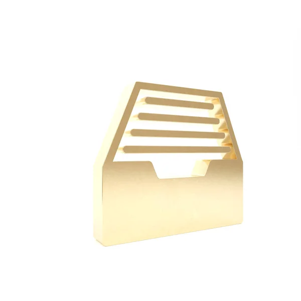 Cajón dorado con icono de documentos aislado sobre fondo blanco. Cajón de papeles de archivo. Cajón del archivador. Muebles. 3D ilustración 3D render — Foto de Stock