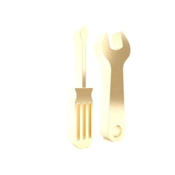 Золота викрутка та значок ключа ізольовані на білому тлі. Символ інструменту обслуговування. 3D ілюстрація 3D рендеринга — стокове фото