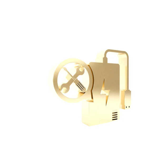 Banco Gold Power con destornillador e icono de llave inglesa aislado sobre fondo blanco. Ajuste, servicio, ajuste, mantenimiento, reparación, fijación. 3D ilustración 3D render — Foto de Stock
