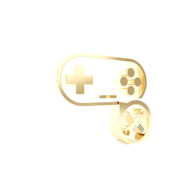 Gold Gamepad dengan obeng dan ikon kunci pas terisolasi pada latar belakang putih. Penyesuaian, pelayanan, pengaturan, pemeliharaan, perbaikan, perbaikan. Tampilan 3D ilustrasi 3d — Stok Foto