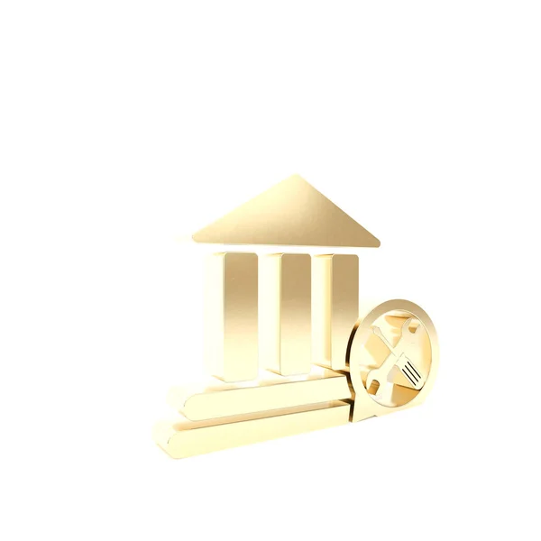 Gold Bank byggnad med skruvmejsel och skiftnyckel ikon isolerad på vit bakgrund. Justering, service, inställning, underhåll, reparation, fixering. 3D-illustration 3D-återgivning — Stockfoto